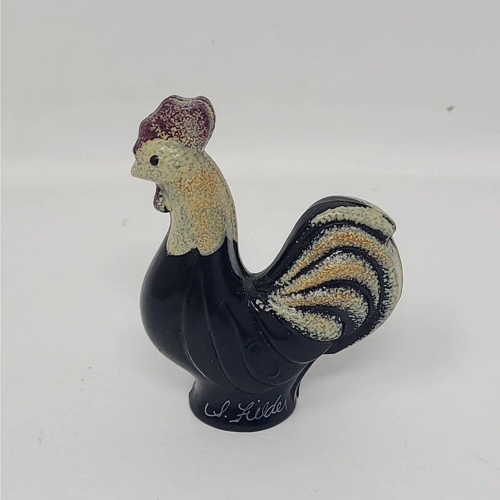 Fenton Sandpiper Rooster Glass Figurine Art Glass Hand Painted Black Signed 3